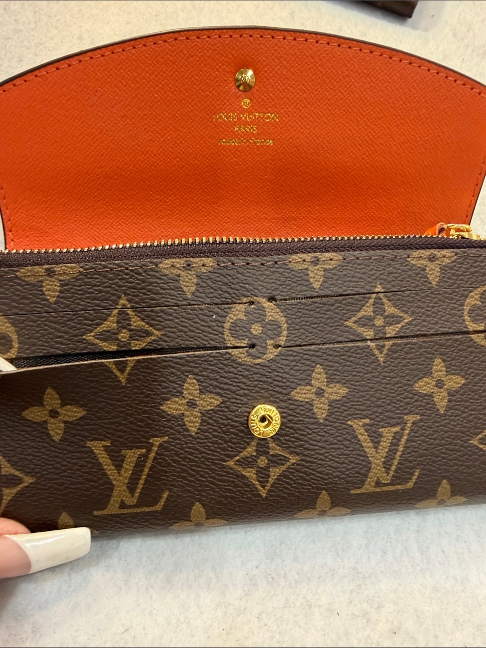 Monogram lv Continental Wallet in Brown with Orange Snap - Picture 9 of 10